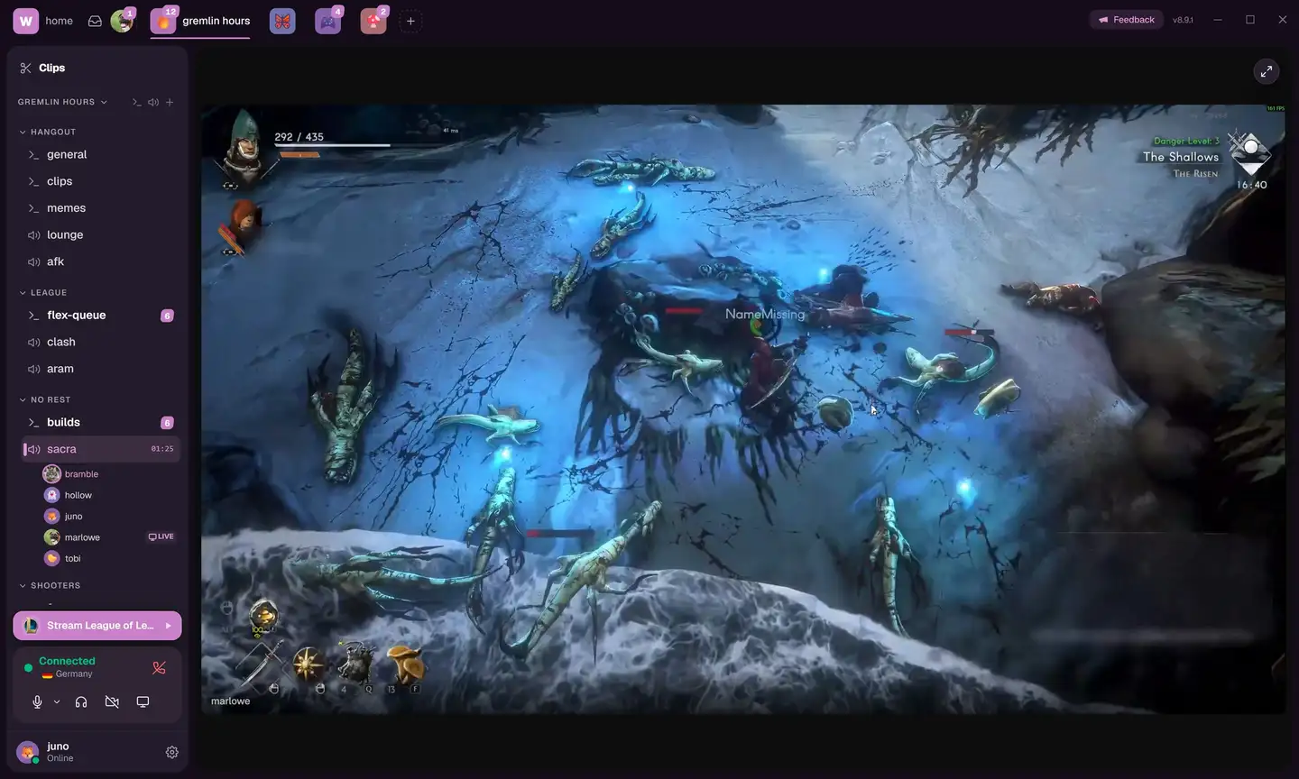 Woosh on the desktop: a friend's game live in the call, filling the window, with the voice channel alongside.