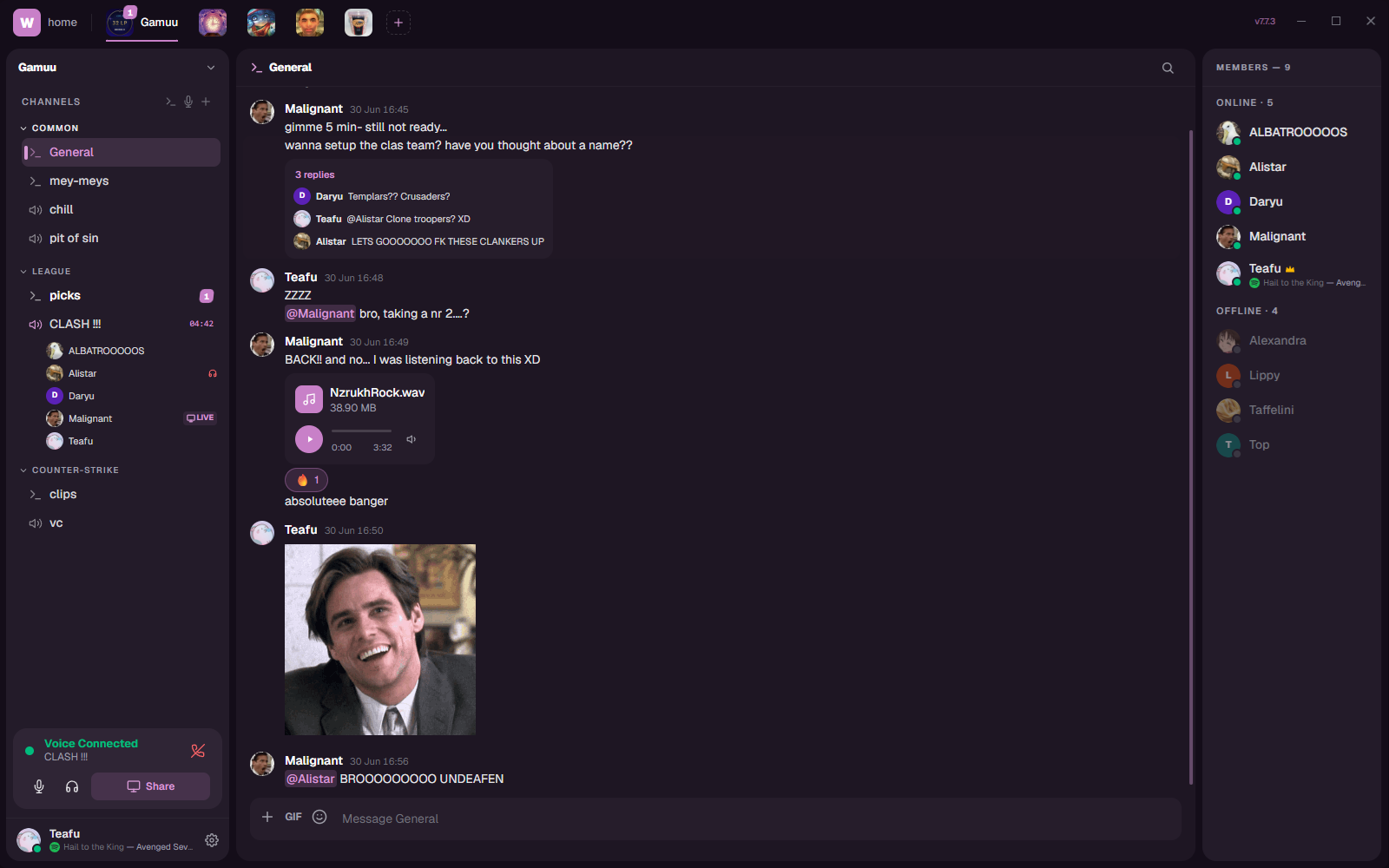 Woosh on the desktop: the General channel with a thread, an audio clip playing, reactions, and the member list.