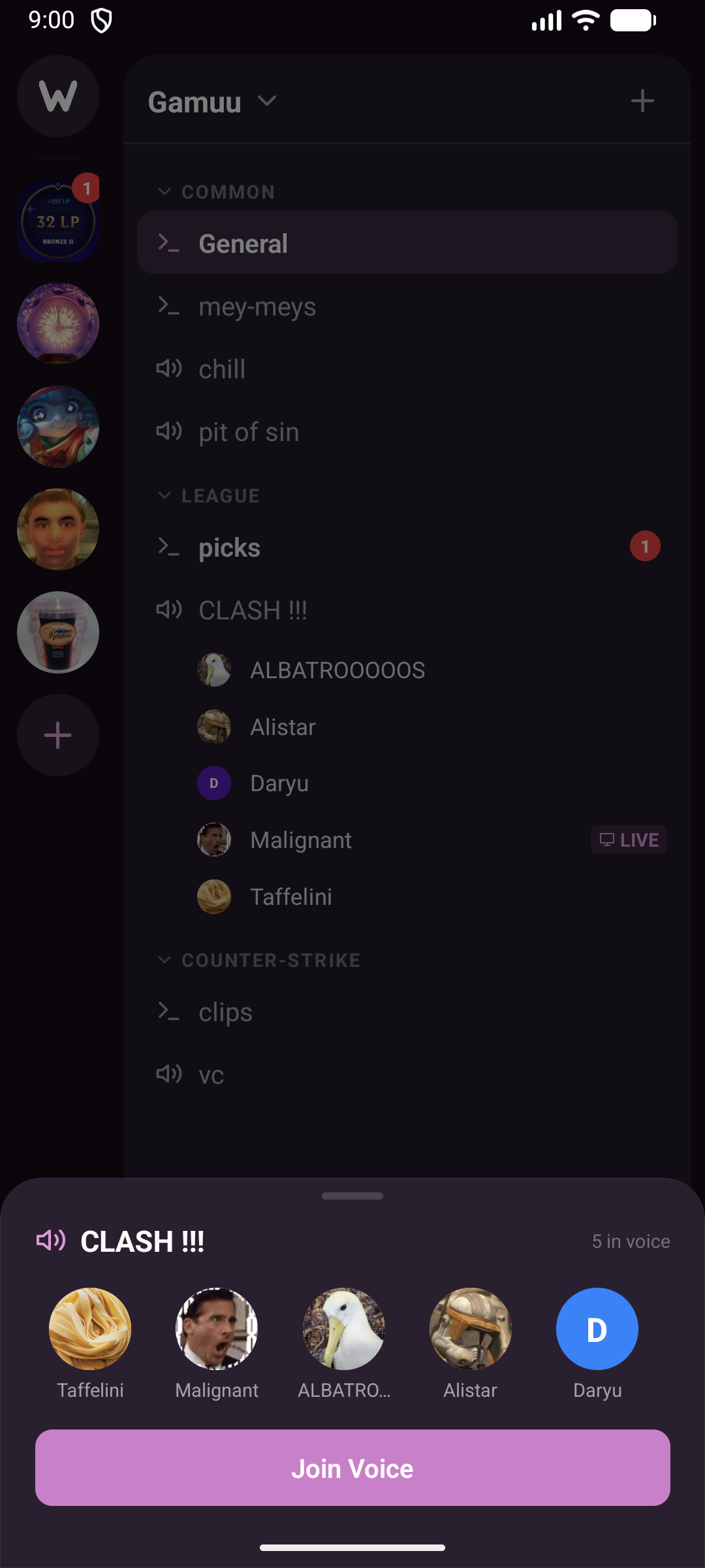 Woosh on a phone: a voice channel with five people connected. One tap on Join Voice and you're in.